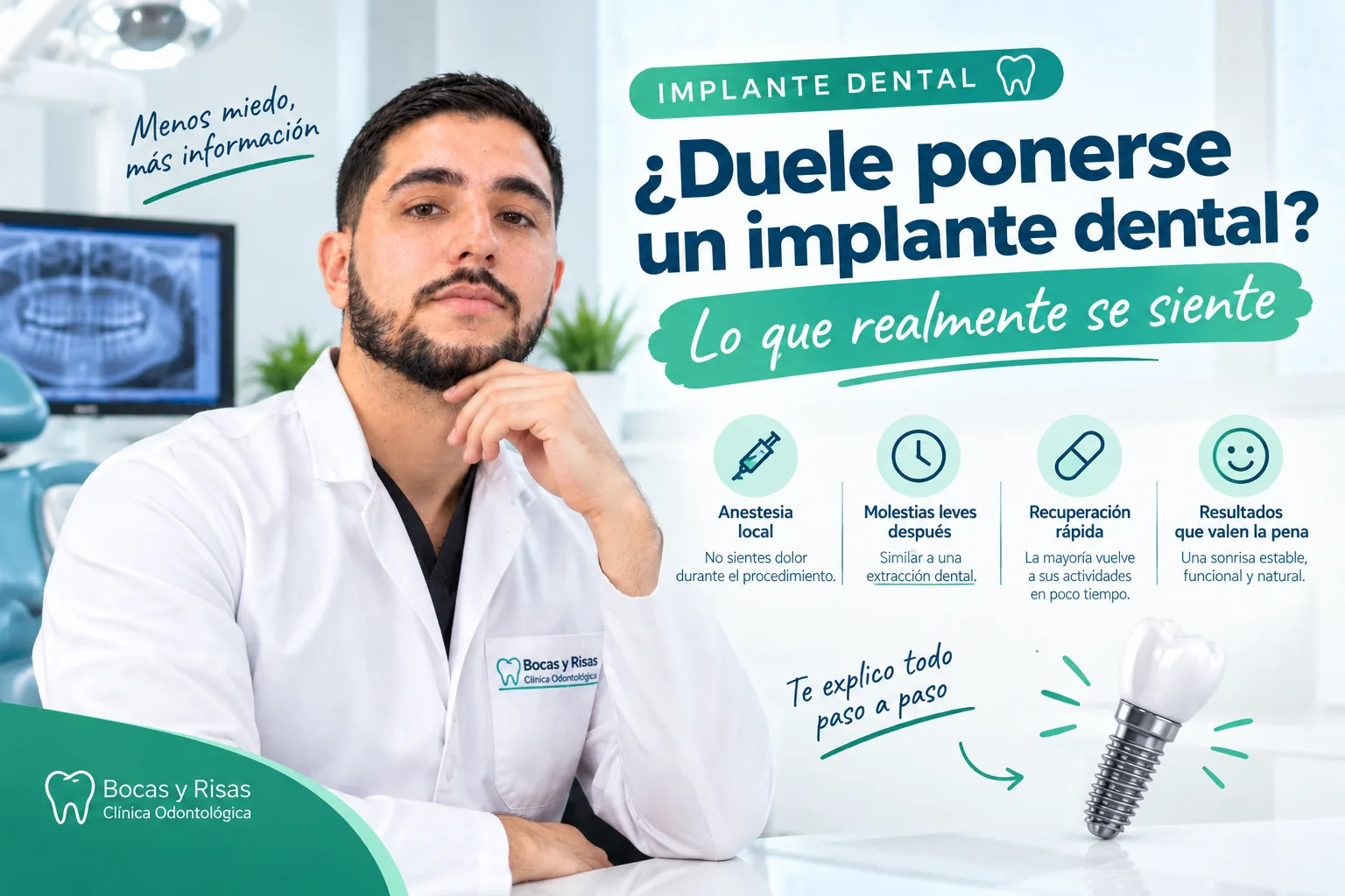 Odontólogo de Bocas y Risas junto al texto ¿Duele ponerse un implante dental?, con anestesia local, molestias leves, recuperación rápida y resultados