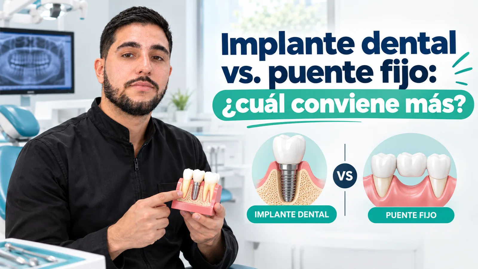 Odontólogo de Bocas y Risas muestra un modelo de implante dental, junto a la comparación ilustrada entre implante dental y puente fijo