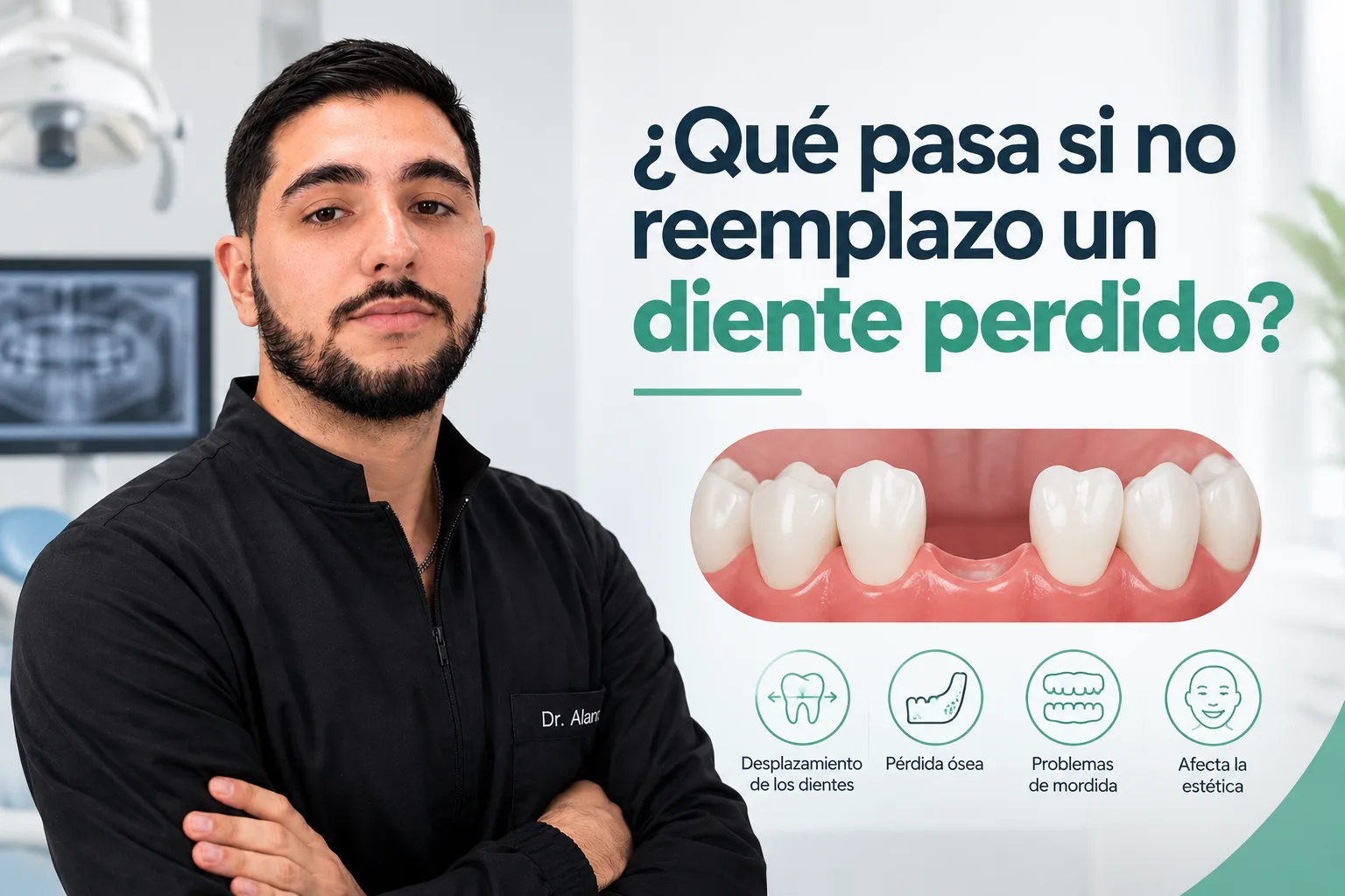 Odontólogo junto a las consecuencias de no reemplazar un diente perdido: desplazamiento de dientes, pérdida ósea, problemas de mordida y estética