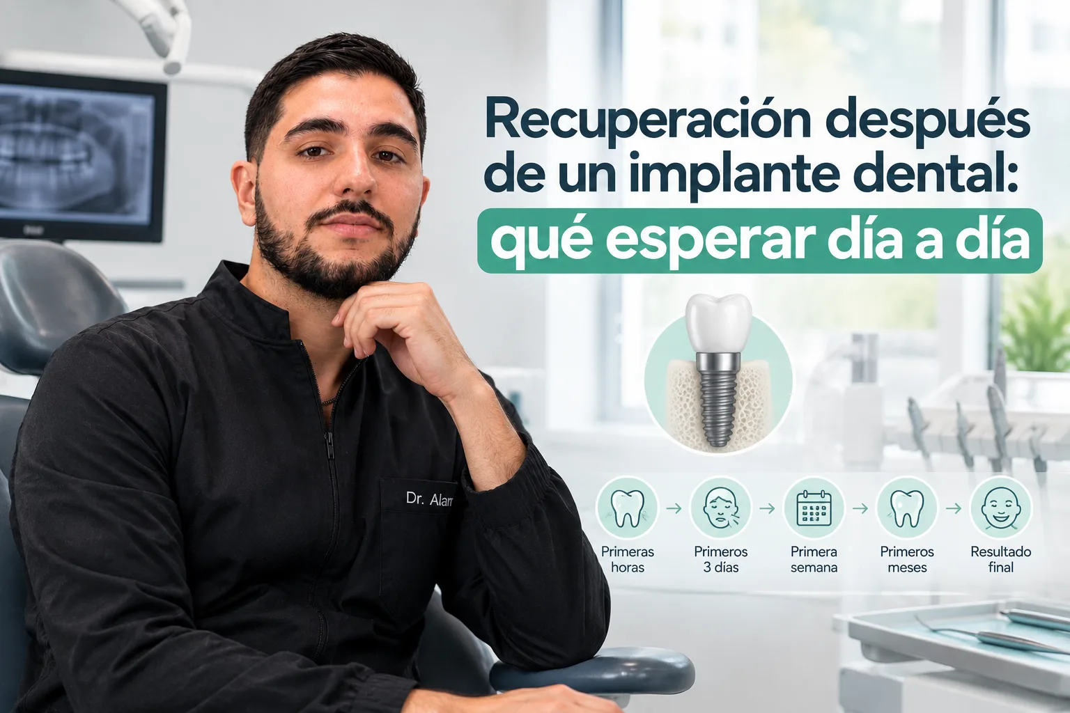 Odontólogo junto a una guía visual de la recuperación después de un implante dental: primeras horas, primeros 3 días, primera semana, primeros meses y resultado final